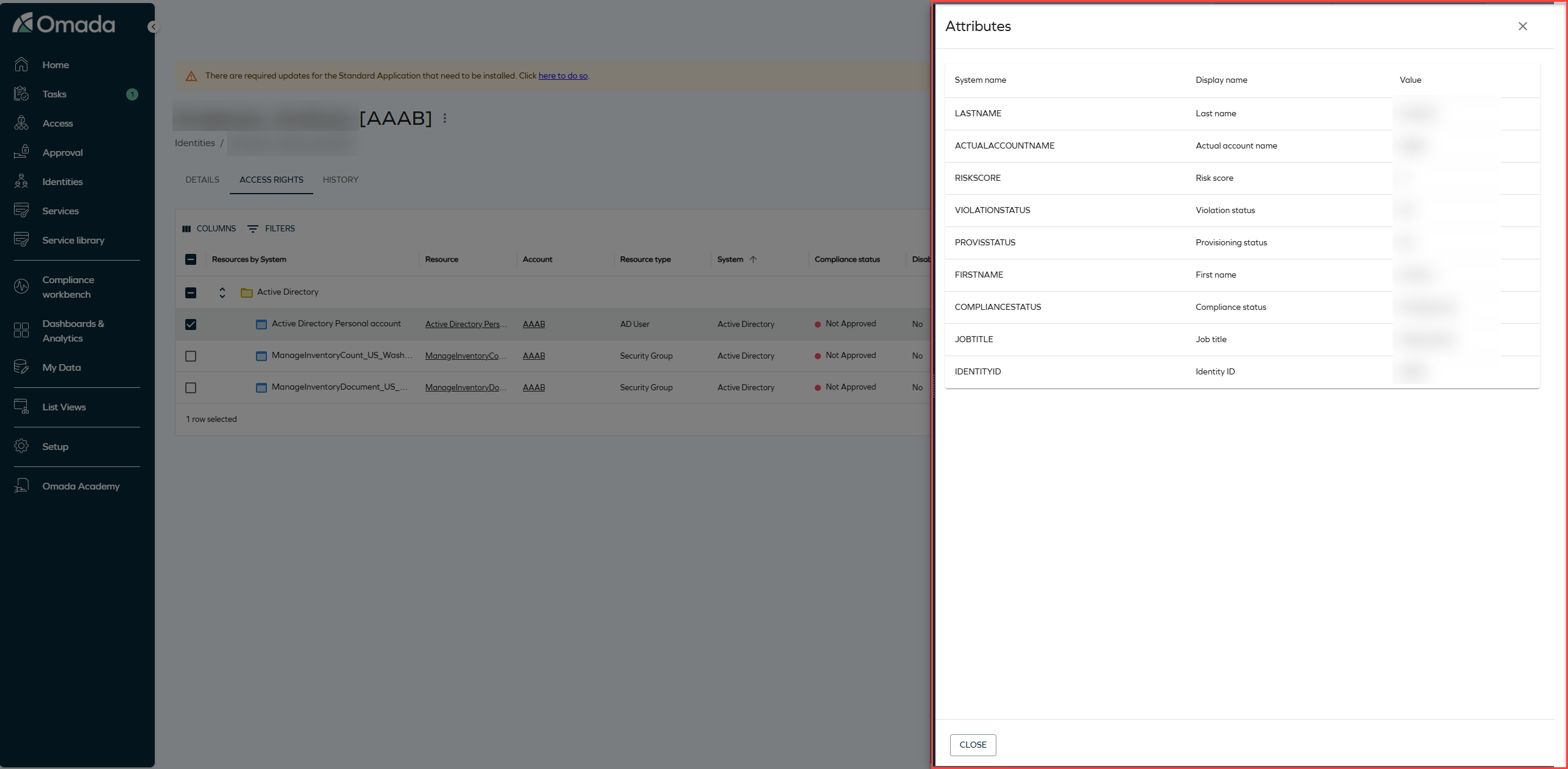 Attributes side panel in Access request